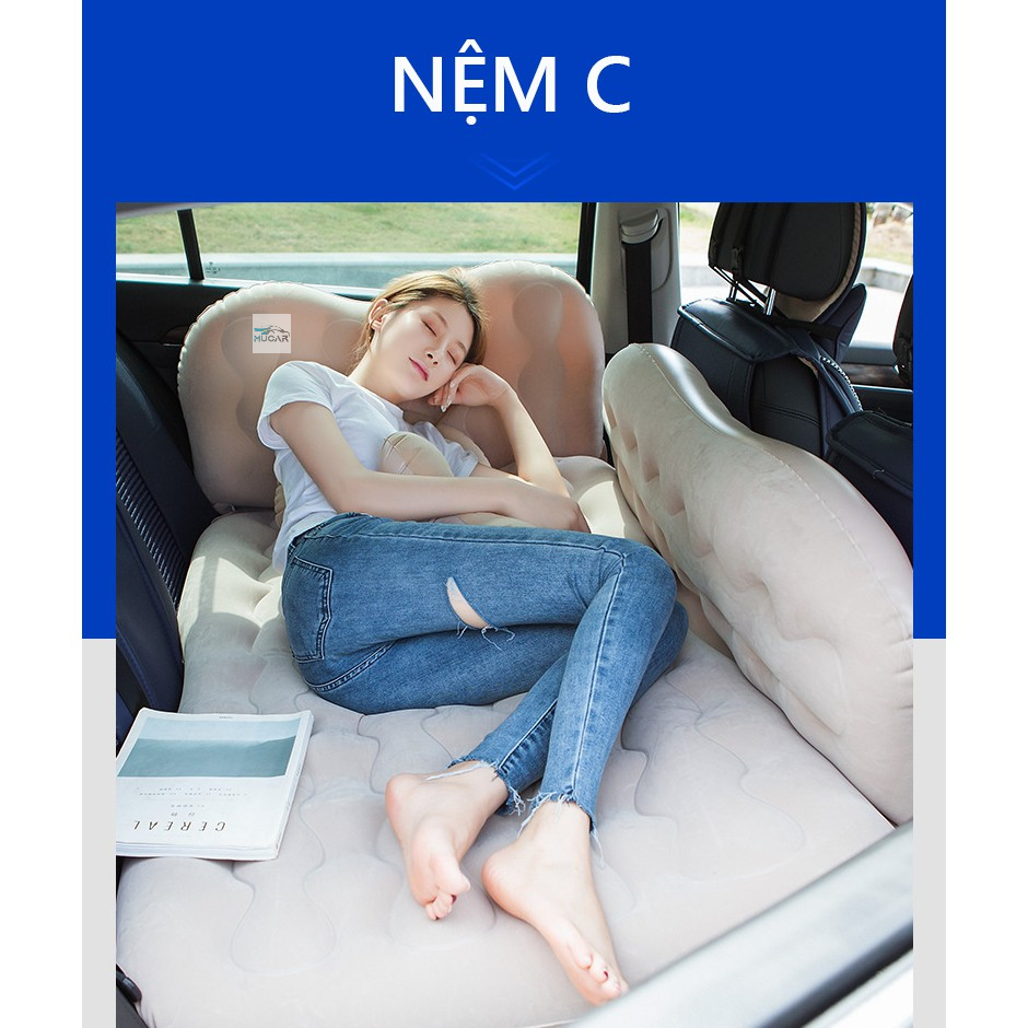 Nệm hơi, giường đệm hơi cho xe ô tô 5 chỗ, 7 chỗ, xe bán tải phủ nhung, có vân sóng, tặng kèm máy bơm hơi