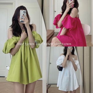 Áo váy trễ vai tay bồng tiểu thư- Đầm babydoll hở vai dáng xòe về 4 màu trắng đen hồng nâu xanh cốm phong cách ulzzang