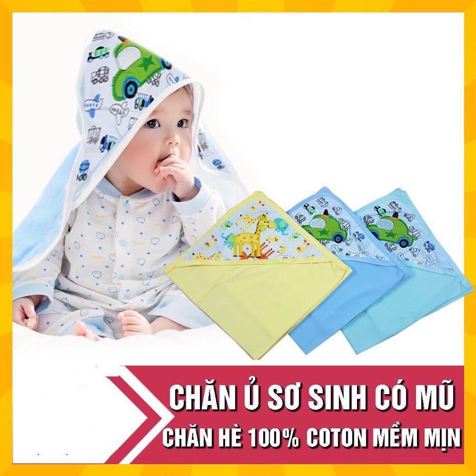 Chăn ủ có mũ cho bé sơ sinh ,ủ cotton mềm đẹp Fusy thêu hình