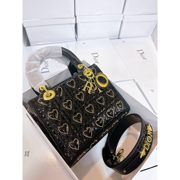 Túi Dior lady 5 ô mix tim đinh nổi màu đen fullbox bản VIP