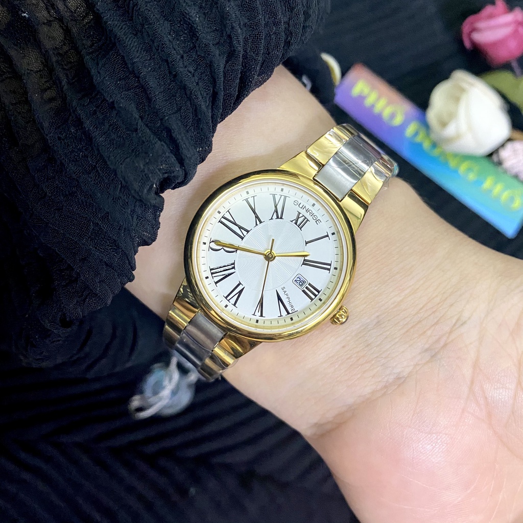 Đồng hồ nữ dây kim loại mặt kính chống xước sapphire Sunrise 2133 2133SA SL2133LSK trắng