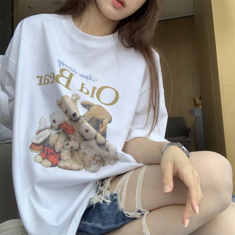 Áo thun SUXI tay ngắn cổ tròn dáng rộng in họa tiết hoạt hình phong cách Hàn Quốc