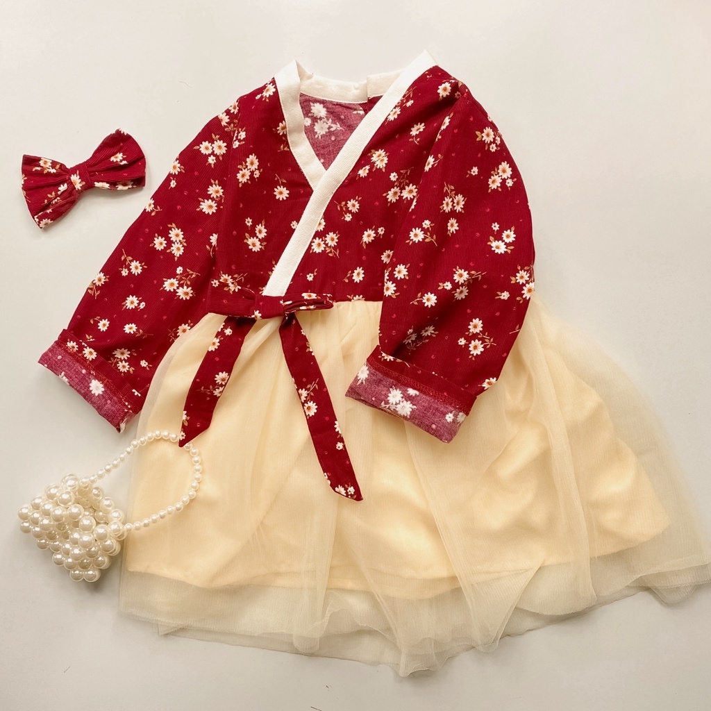 Set hanbok hàn quốc hoa nhí nhung phối voan kèm kẹp tóc bé gái 1 2 3 4 5 6 tuổi MINTSCLOSET Mint's Closet - GS1039