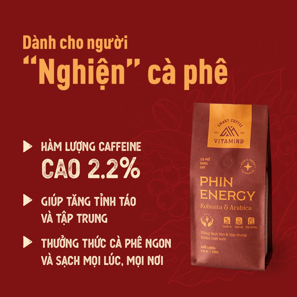 Vitamind Phin Energy Cà Phê Rang Mộc Xay Sẵn Nguyên Chất Từ Hạt Robusta Honey và Arabica Dành Cho Người Sành Cà Phê