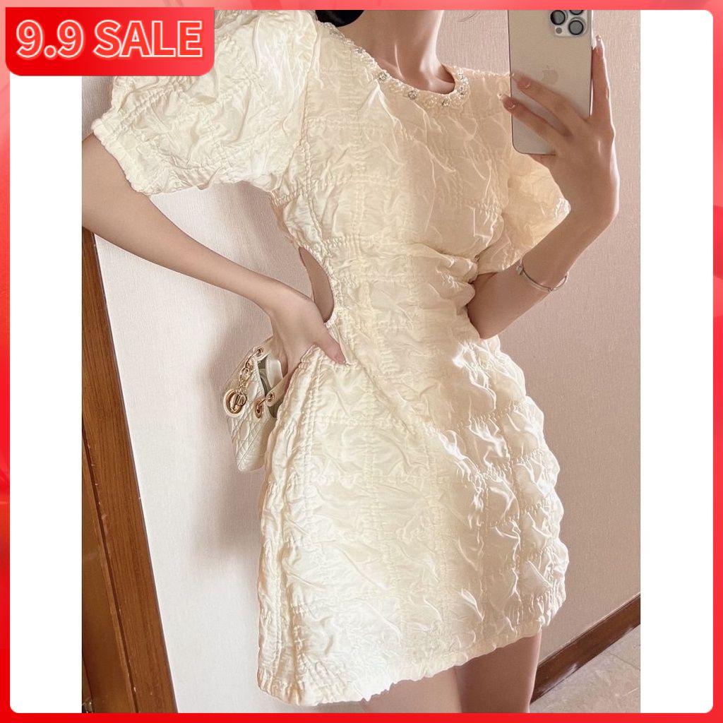 French light luxury bubble sleeve white dress for women in summer, new style, slim waist, high-class temperament, elegant skirt
