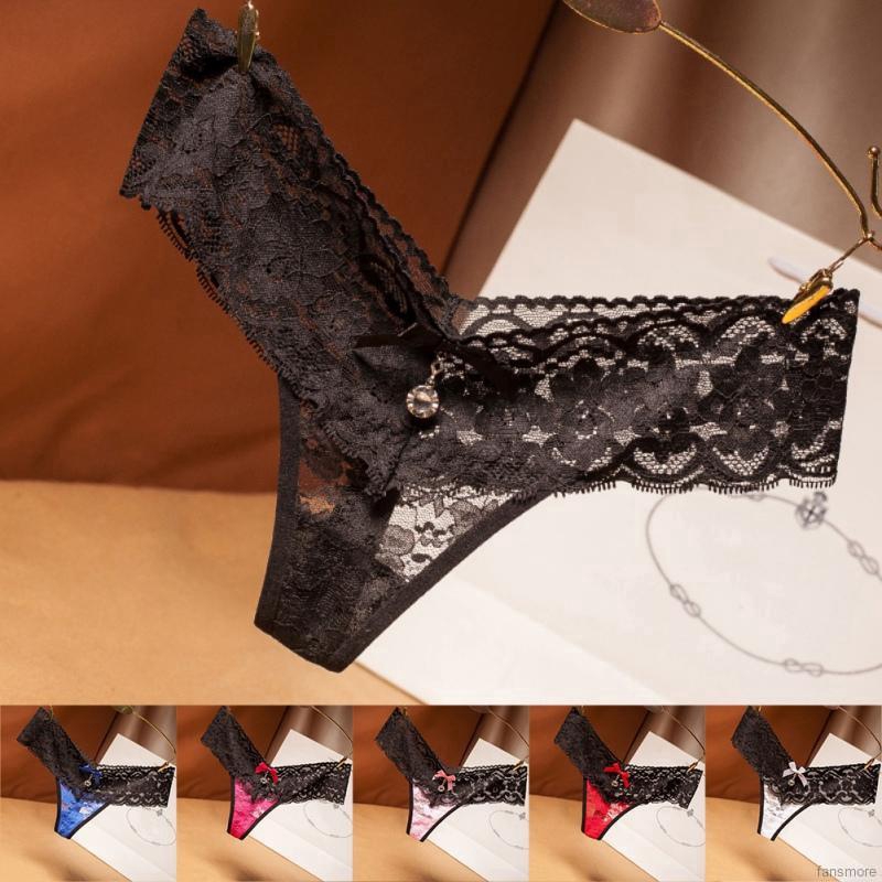Women's Low Waist Flower Embroidery G-String Temptation Panties Lace Bow Pendant Decorative Thong