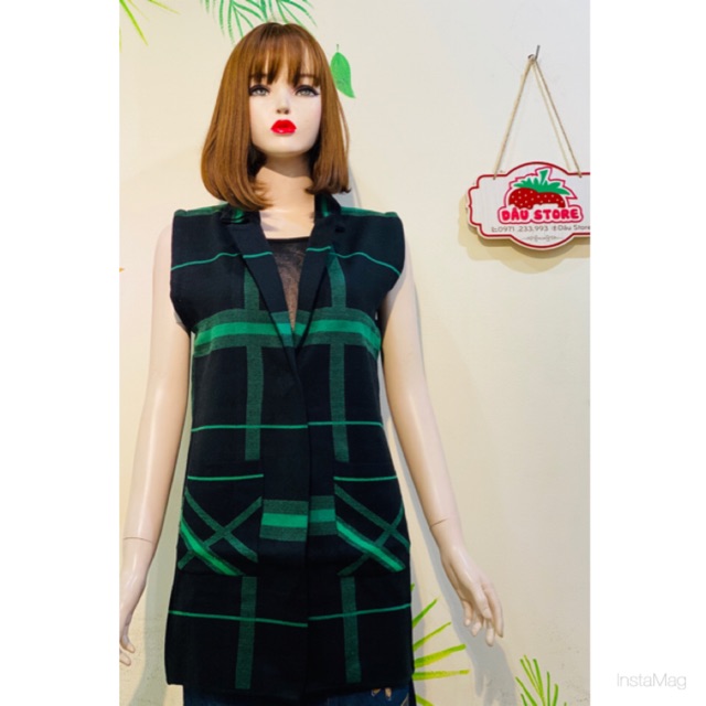 Áo khoác len ghi lê- form dài- cổ vest-màu xanh