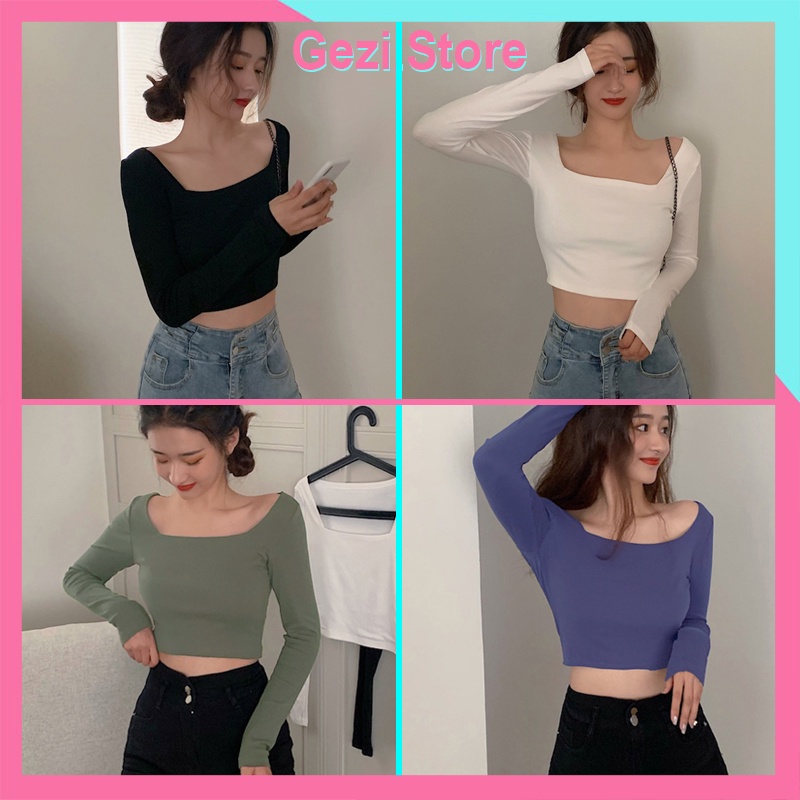 Áo Thun Croptop Dài Tay Dáng Ôm Madela Vải Thun Bozzip Dày Dặn, Áo Croptop Dài Tay Cổ Vuông Nhiều Màu
