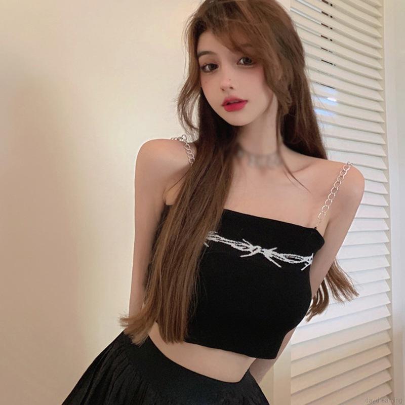 Áo Croptop Dệt Kim Phối Dây Xích Thiết Kế Quyến Rũ Cho Nữ