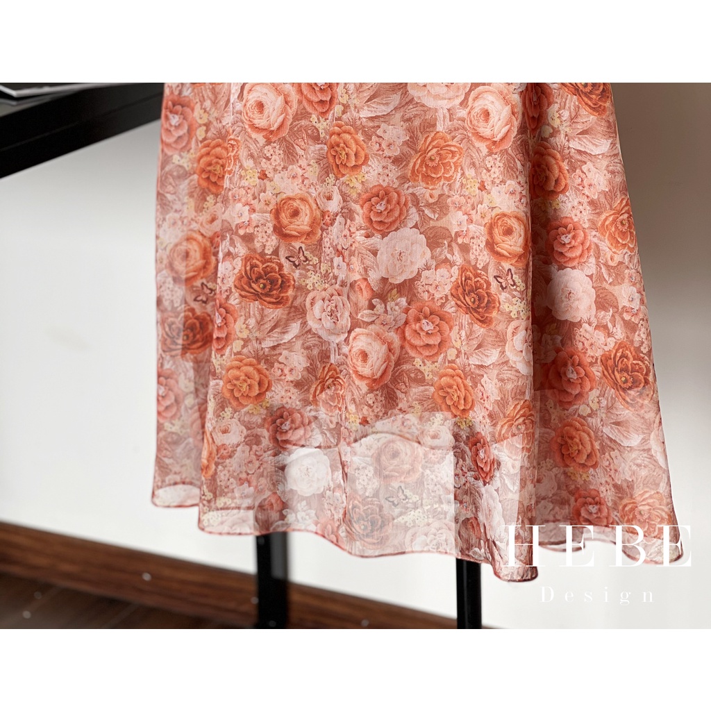 Đầm hồng voan lụa họa tiết hoa hồng_HebeDesign_