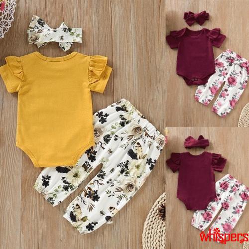 Bộ bodysuit một mảnh + quần dài + băng đô hình hoa dễ thương cho bé sơ sinh