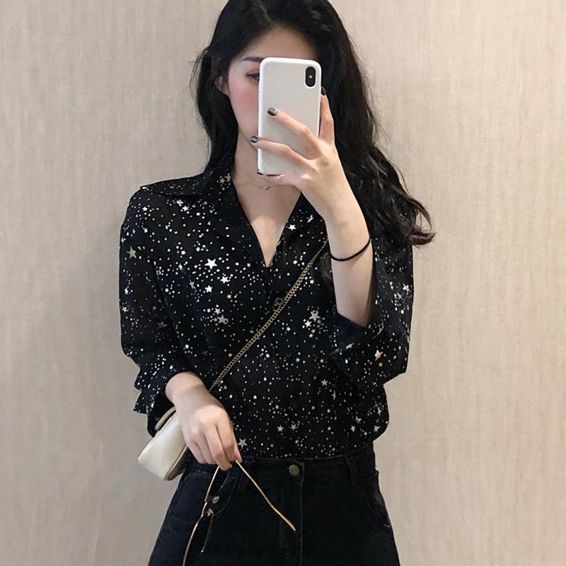 Áo Sơ Mi Chiffon Lụa Đính Kim Sa Lấp Lánh Dài Tay Thời Trang Mới Cho Nữ
