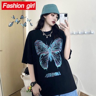 Áo Thun Tay Lỡ In Hình Bướm Thời Trang Mùa Hè Hàn Quốc Dễ Phối Đồ