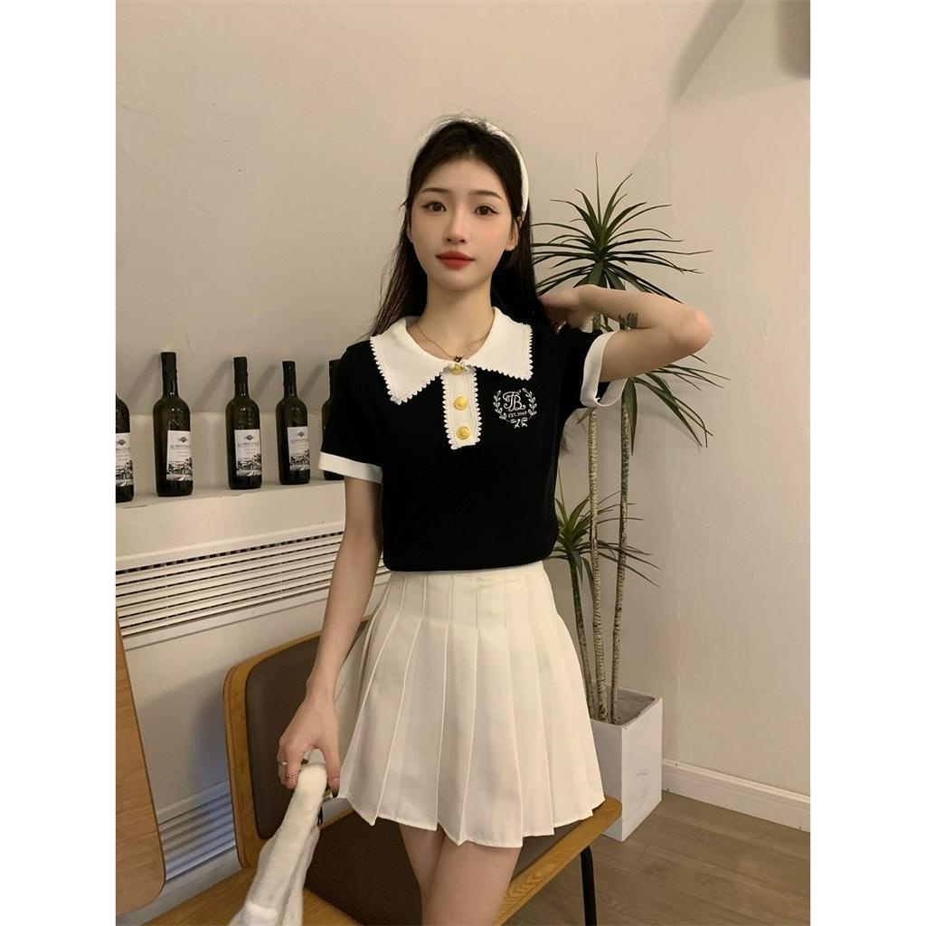 ZHELIHANGFEI Áo polo Dệt Kim Tay Ngắn Thêu Họa Tiết Phong Cách Pháp Thời Trang Cho Nữ