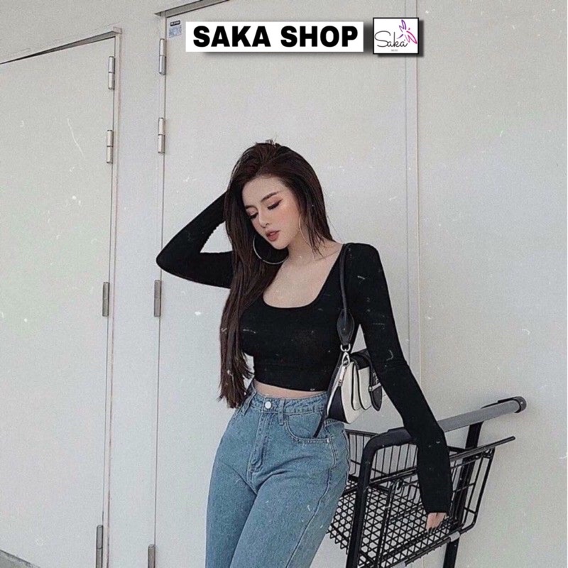 Áo croptop nữ tay dài croptop cổ chữ u tôn dáng trơn màu