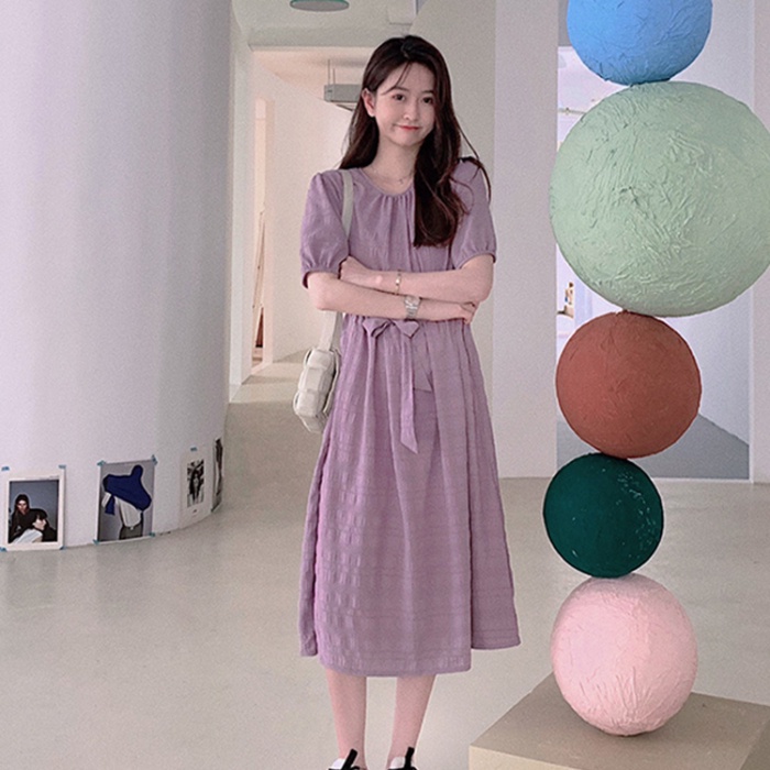 Đầm Midi Thắt Nơ Nhấn Eo Màu Tím Phong Cách Pháp Thời Trang Sang Trọng Cho Nữ