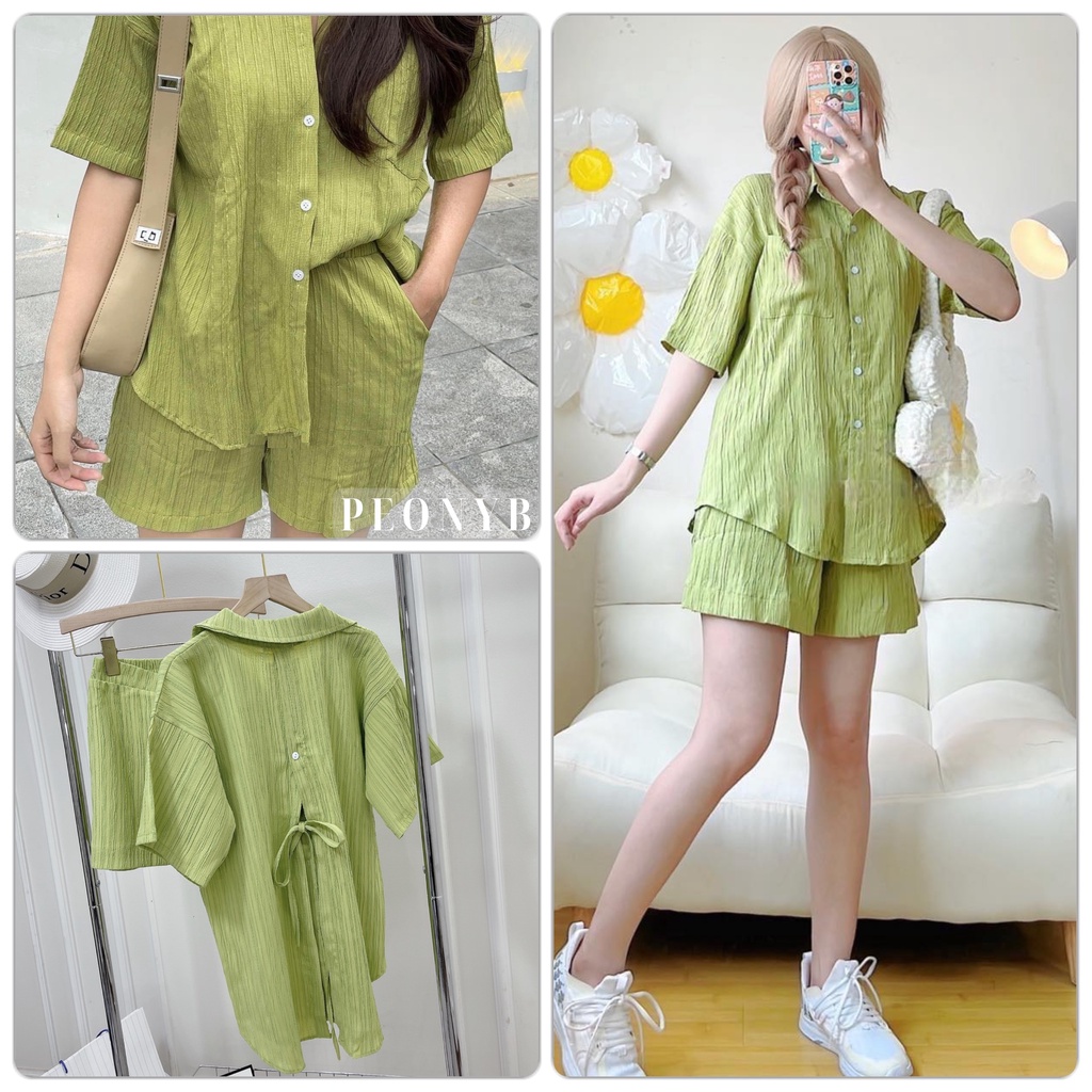 Sét Bộ Đũi Gân sước Buộc Nơ Lưng- đồ bộ áo sơ mi cộc tay lỡ phối cúc quần short lưng cao màu xanh cốm phong cách ulzzang