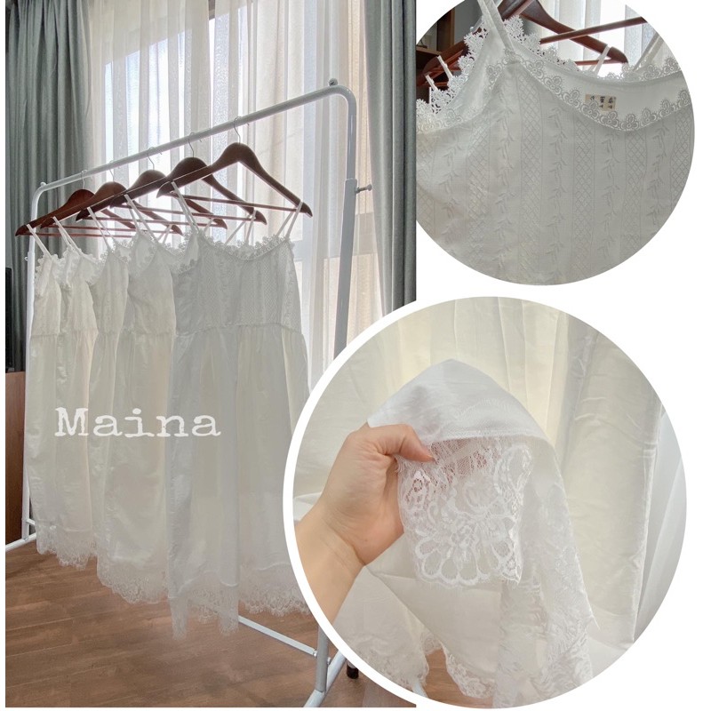 Váy hai dây babydoll viền ren - Đầm xòe 2 dây trắng Maina