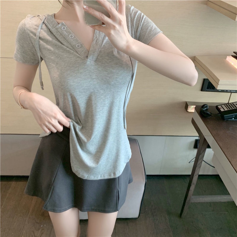 Áo Thun Tay Ngắn Có Mũ Trùm Đầu Thời Trang Mùa Hè Cho Nữ