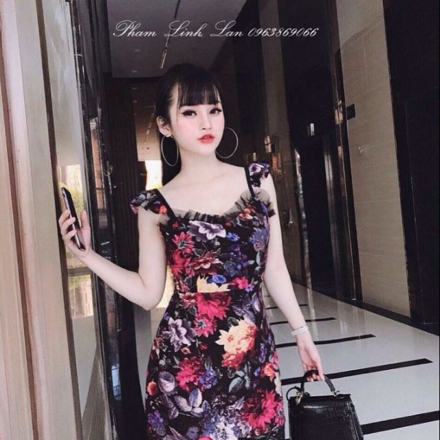 Đầm body 2 dây bèo phối ren in hoa 3D
