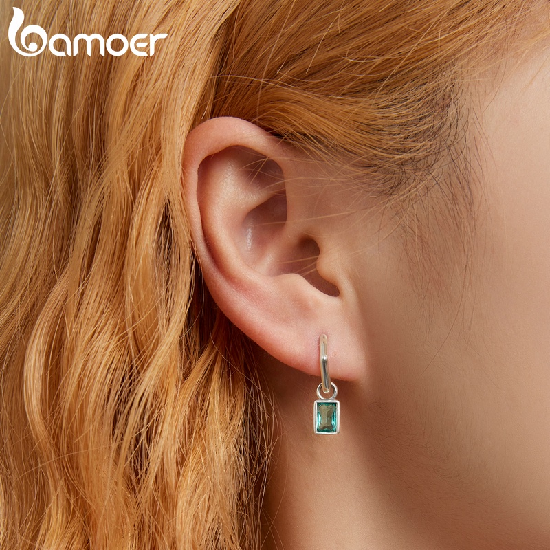 Bông tai BAMOER BSE613 bằng bạc 925 bất đối xứng đính kim cương xanh thời trang cho nữ