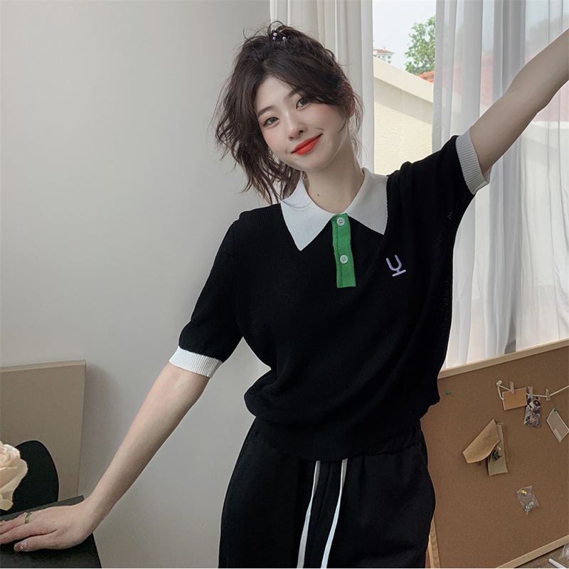 Áo thun polo ZHELIHANGFEI dệt kim ngắn tay dáng rộng thêu họa tiết dễ thương thời trang