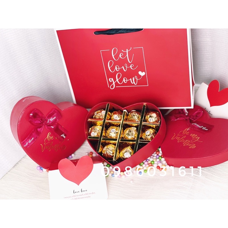 Socola valentine 9 viên, 12 viên, 16 viên, chocolate tình yêu full túi thiệp