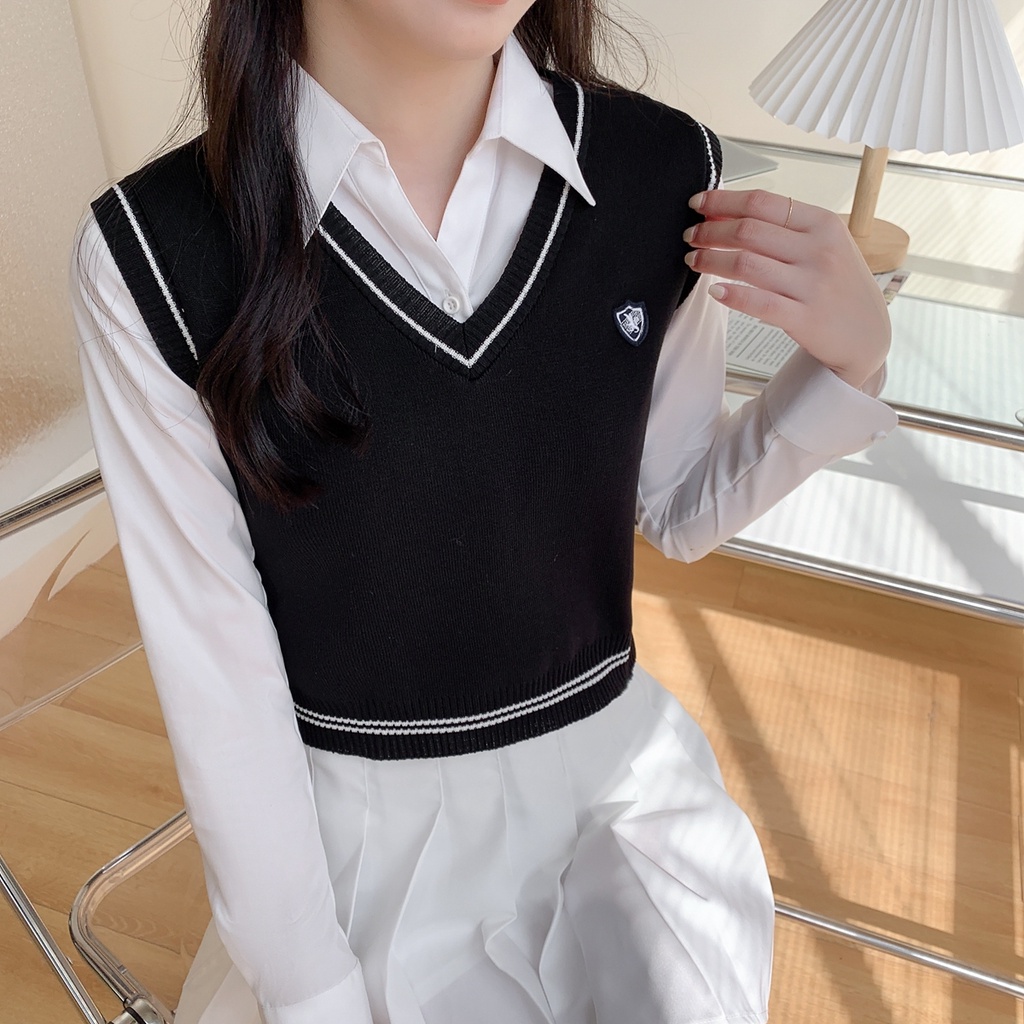 Áo Len Không Tay Dáng Rộng Phong Cách Preppy Dễ Phối Đồ