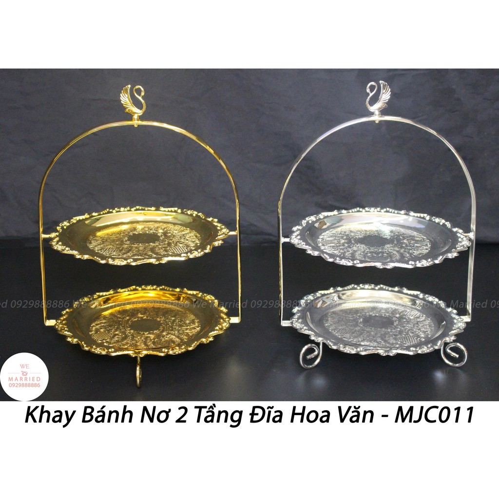 Khay Bánh Nơ/Hạc 2 Tầng Đĩa Hoa Văn (2 Màu Vàng, Bạc)