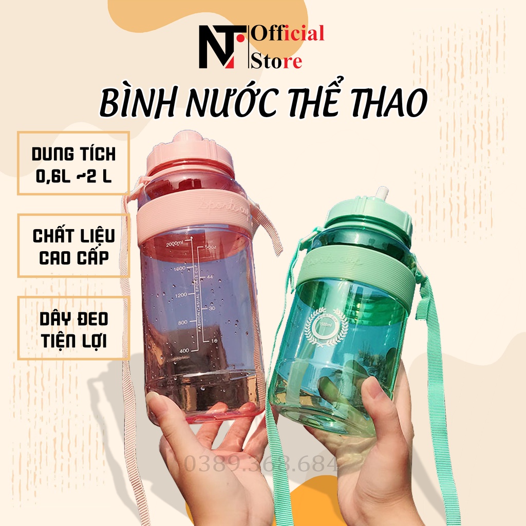 Bình đựng nước phong cách  thể thao, có dây đeo và ống hút tiện lợi - NT Store