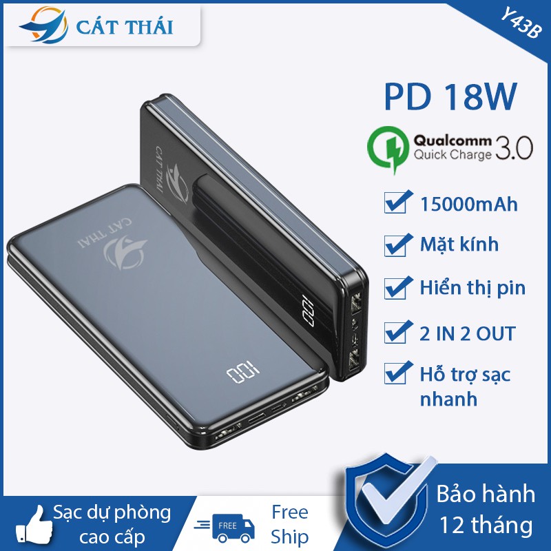 Pin sạc dự phòng Y43B dung lượng 15000mAh mặt kính hiện đại có hiển thị lượng pin 2 Cổng USB 2 cổng Input Type-C