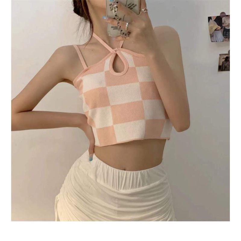 Áo Hai Dây Vải cotton Họa Tiết Sọc Caro Thời Trang Mùa Hè Cho Nữ