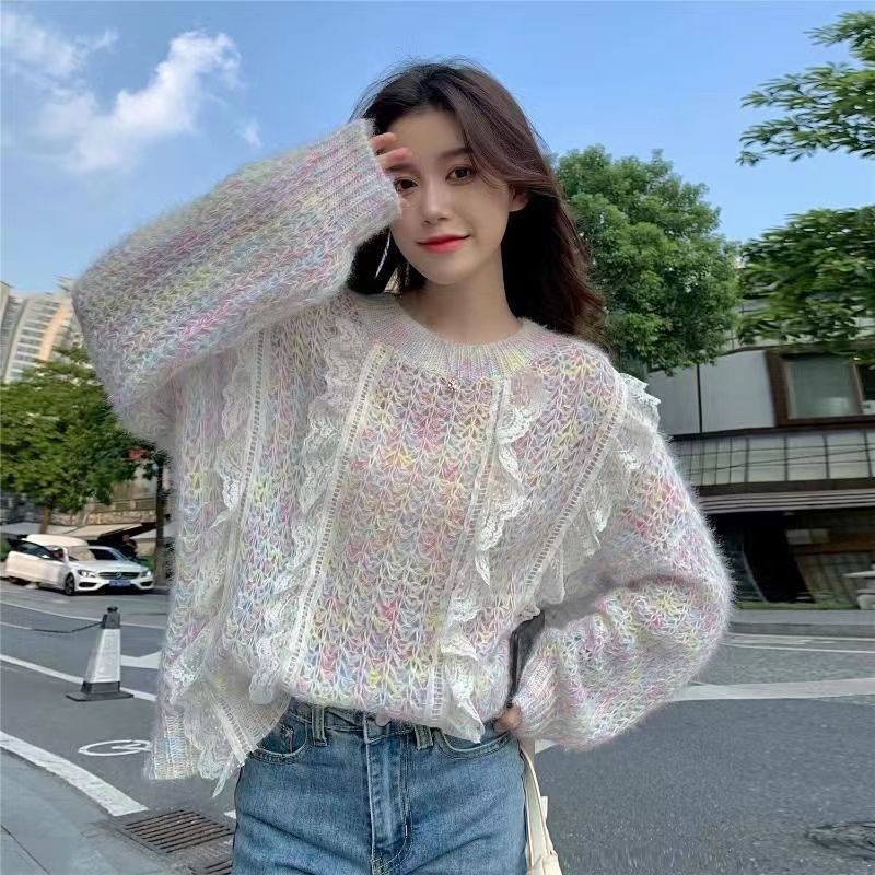 Áo Sweater Dệt Kim Dáng Rộng Phối Ren Thời Trang Mùa Thu Hàng Mới