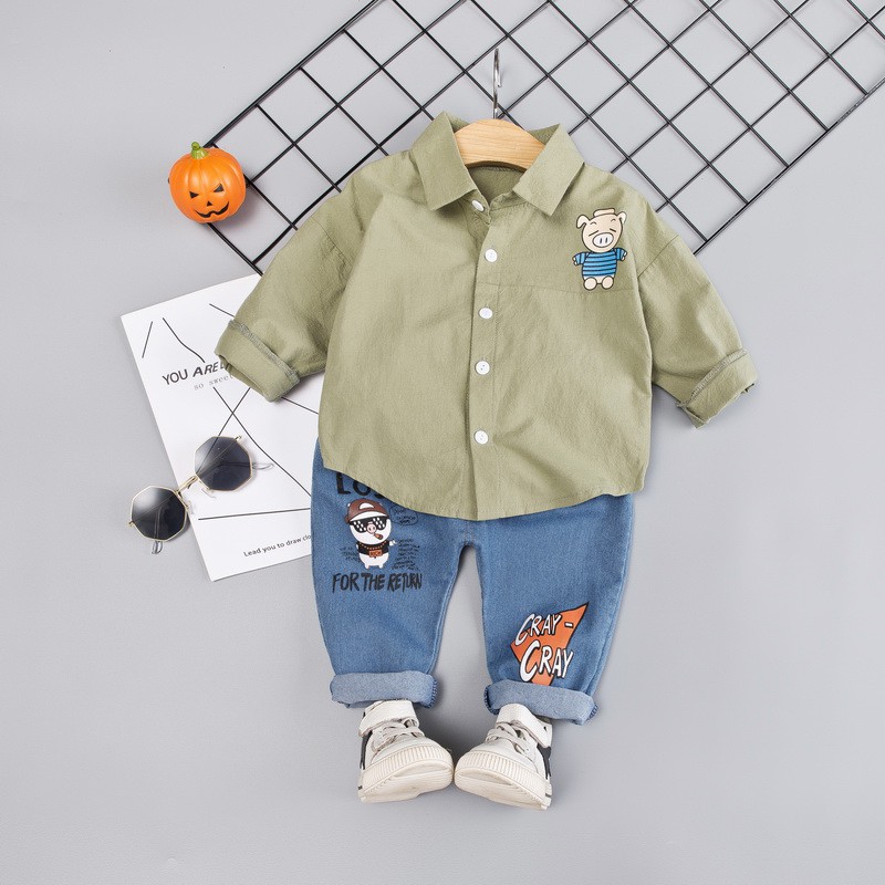 Bộ áo sơ mi dài tay họa tiết heo hoạt hình + quần denim thời trang cho bé trai 0-4 tuổi