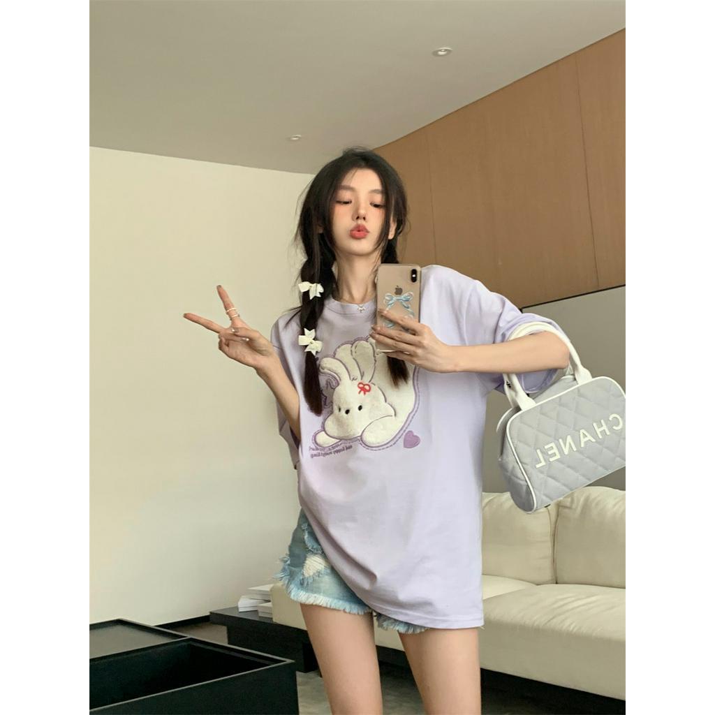 Áo Thun Tay Ngắn Rộng Thêu Hình Thỏ Dễ Thương 61850