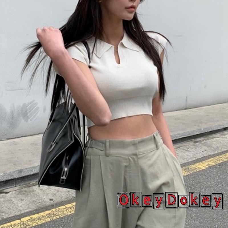 Áo Thun Dệt Kim Tay Ngắn Hở Rốn Màu Trơn Thời Trang Cho Nữ