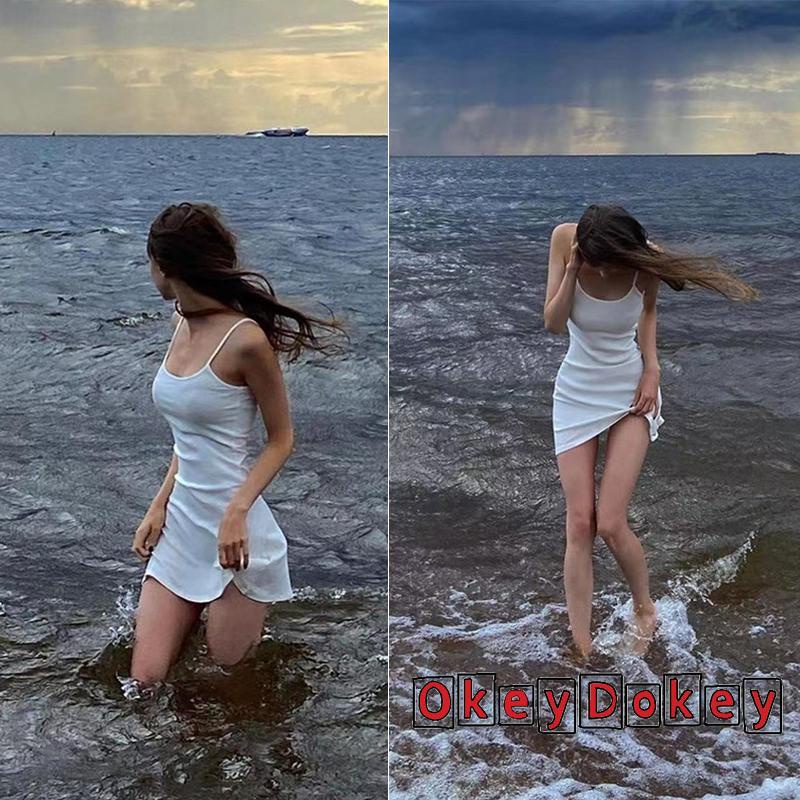 Đầm Hai Dây Mini Ôm Dáng Màu Trơn Có Gân Màu Sắc Cho Nữ