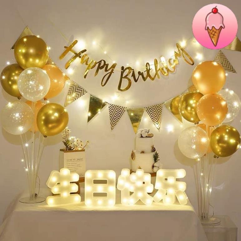 Set trang trí sinh nhật Hàn Quốc sang chảnh tông màu vàng bạc - Kem Shop K302