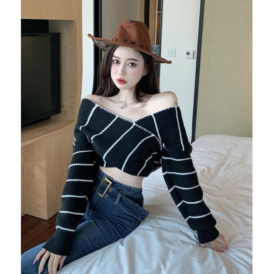 QADCOL  Áo sweater Dệt Kim Trễ Vai Dáng Ngắn Thời Trang Mùa Thu Quyến Rũ Cho Nữ