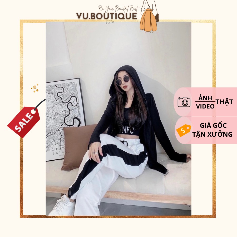 Set thể thao 3 món: áo khoác đen mũ + áo croptop 3 lổ chữ + quần suông trắng viền