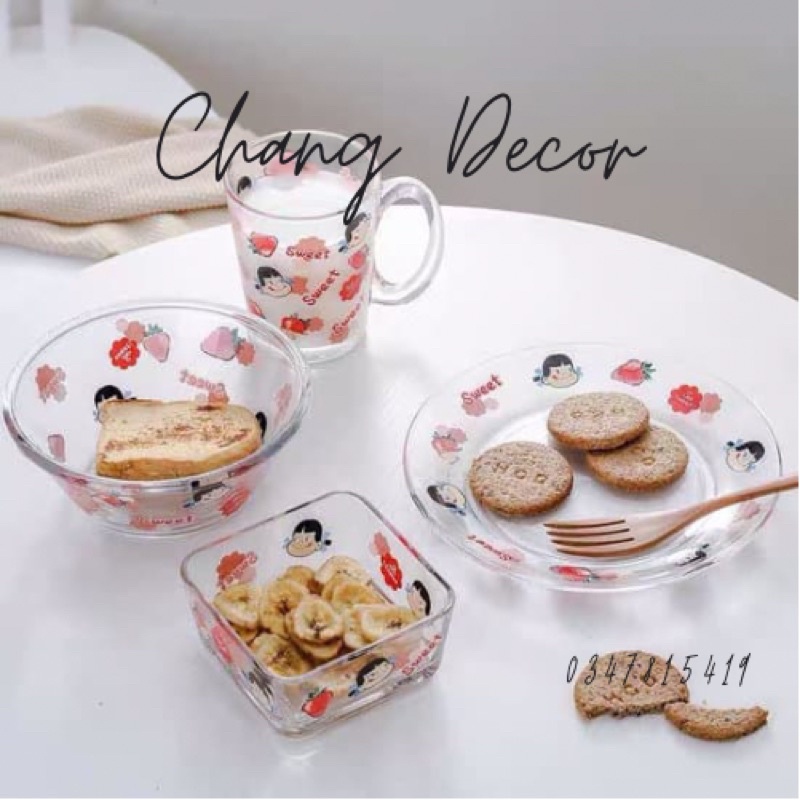 Bộ tô chén ly thủy tinh hình hoạt hình dễ thương