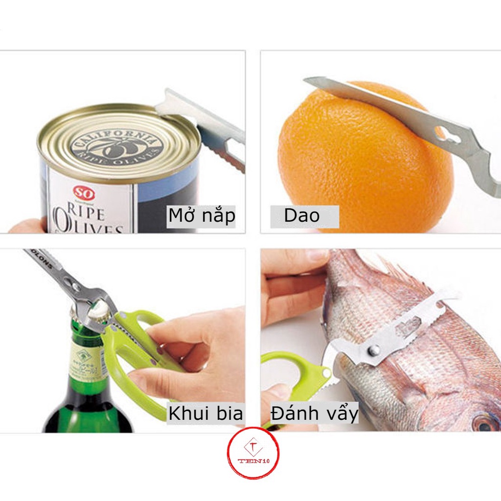 Kéo nhà bếp cắt gà đồ ăn Nhật Bản 10 chức năng bằng thép không gỉ cao cấp có thể tháo rời mở nắp chai, tua vit, Cờ lê