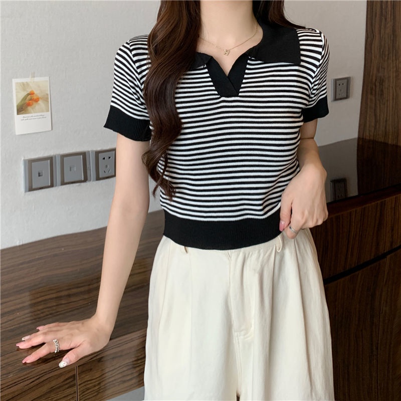 Áo Len Dệt Kim Ngắn Co Giãn Họa Tiết Kẻ Sọc Nhiều Màu Sắc Phong Cách Hàn Quốc Thời Trang Mùa Hè Cho Nữ