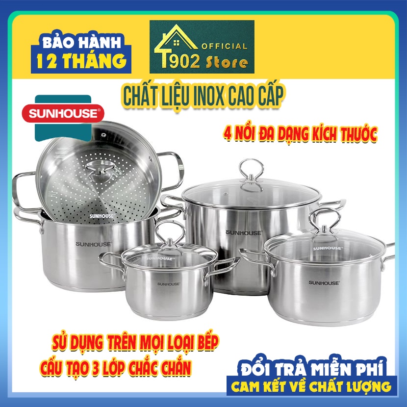 Bộ Nồi Sunhouse 3 Đáy Cao Cấp SH895 Kèm Xửng Hấp, Dùng Cho Bếp Từ Và Mọi Loại Bếp