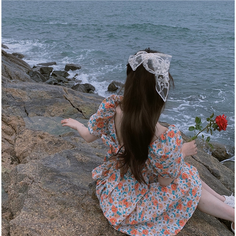 IELGY   Đầm Hoa Ngắn Tay Lưng Cao Cổ Vuông Thời Trang Dành Cho Nữ