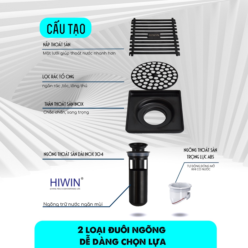 Thoát sàn chống mùi hôi inox 304 mạ đen cao cấp Hiwin FD-2218 100x100mm