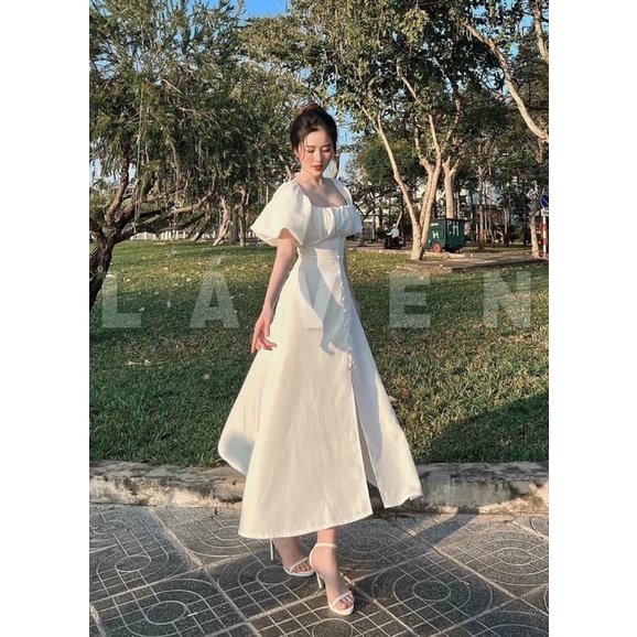ĐẦM MIDI CỔ VUÔNG XẾP NGỰC NÚT BỌC TAY PHỒNG | BigBuy360 - bigbuy360.vn