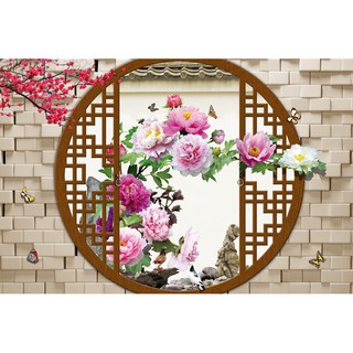 Tranh dán tường 3D hoa mẫu đơn vải lụa phủ kim sa