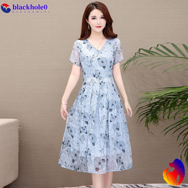 BH Summer Slim V-neck Floral Dress Elegant Short Sleeves Middle Long Printing Causal Dress