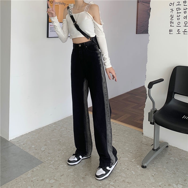 Quần Jeans Nữ Lưng Cao Ống Rộng Kẻ Sọc Trắng Đen Thời Trang